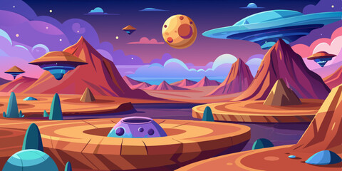 Alien planet landscape with flying saucers, clean cutout