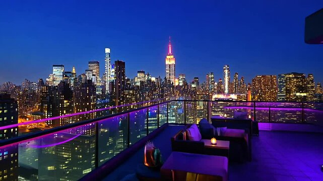 Rooftop bar overlooking New York City skyline at dusk