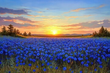 Vibrant field of blue flowers stretching towards a glowing sunset with scattered clouds and distant rolling hills