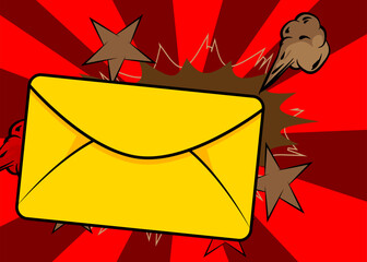 Cartoon Letter Envelope with blank speech bubble, comic book Mail background. Retro vector comics pop art design.