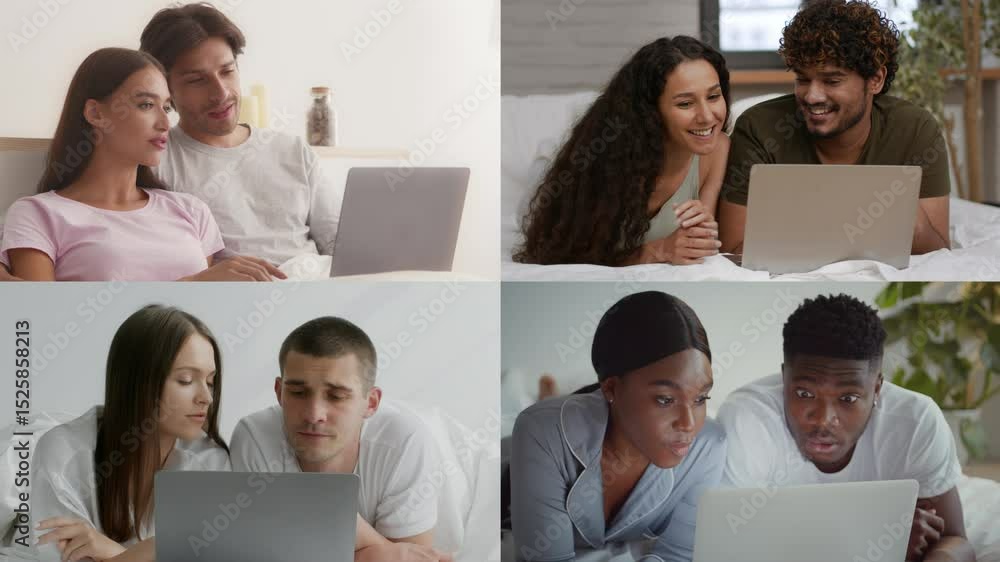 Poster groups of diverse individuals are gathered around laptops, joyfully sharing ideas and engaging with 