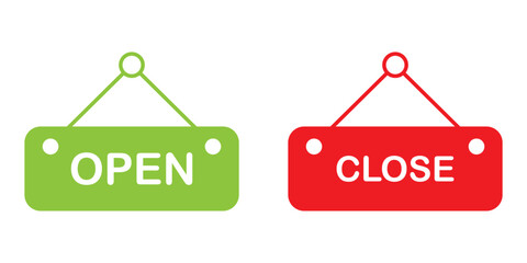 Open and close icon set. Open and close hanger board icons on transparent background. Open close sign on wooden board. Open and close board symbol hanging in shop, restaurant, vector illustration