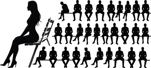 Silhouettes of people sitting on bench, male and female poses, crowd formation illustration, group figures vector, body posture design
