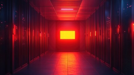 A glowing security breach warning flashing on a server room screen 