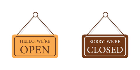 Set of bussiness hanging signboard, we're open and closed. Closed and open. Red sign Sorry we are closed for holidays, with shadow isolated on red background. Vector. 