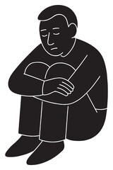 Silhouette of a man sitting with knees up and arms around them, lost in thought