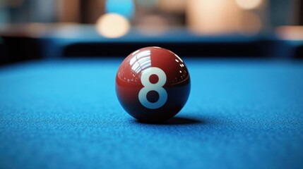 Close-up of a single red and black number eight billiard ball resting on a blue pool table with blurred background lights