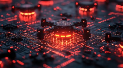 A glowing security breach notification protected by tiny cybernetic drones 
