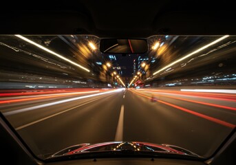 Night driving with blurred lights on city street with long exposure