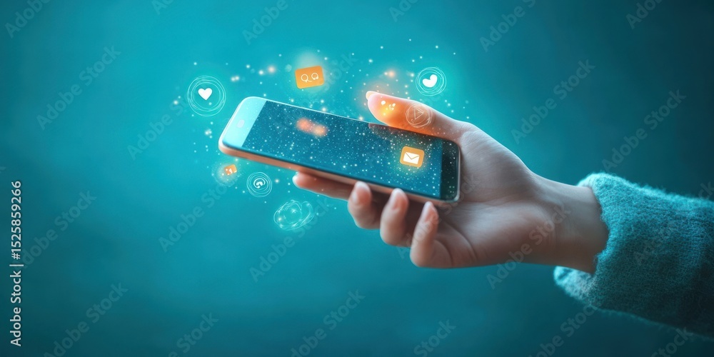 Poster person holding smartphone with glowing social media and communication icons floating above the scree