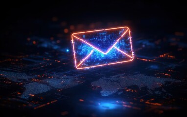 Glowing digital envelope icon floating over a dark world map made of glowing data points representing global electronic communication