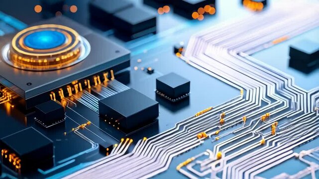 Detailed rendering of a futuristic computer chip with glowing blue center and connecting wires conveying technological innovation