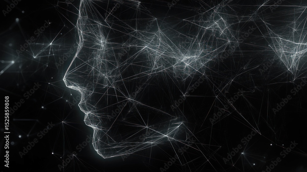 Poster abstract digital representation of a human face profile composed of interconnected white light lines
