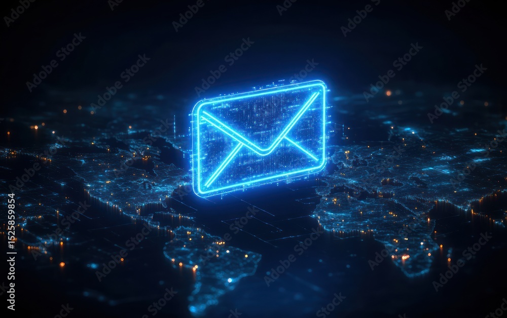 Poster glowing blue digital envelope icon floating above a dark illuminated world map representing global e