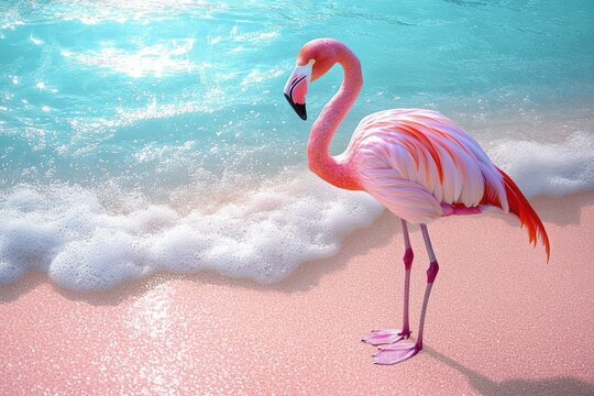 Elegant pink flamingo standing by gentle turquoise ocean waves on a sparkling sandy beach under bright daylight - Powered by Adobe