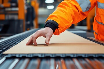 Worker wearing orange safety jacket inspecting or guiding a cardboard sheet on conveyor belt in industrial setting with focus on hand and material