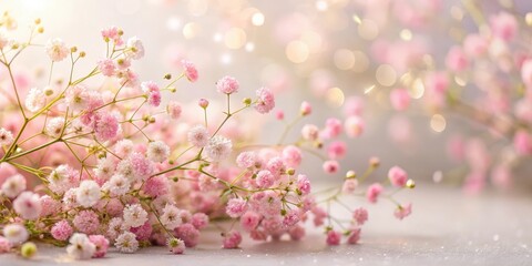 Fototapeta premium Fresh pink gypsophila flowers arranged artfully on a flat white background with soft focus and warm lighting effects