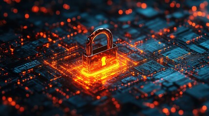 A glowing miniature padlock floating inside a digital matrix 