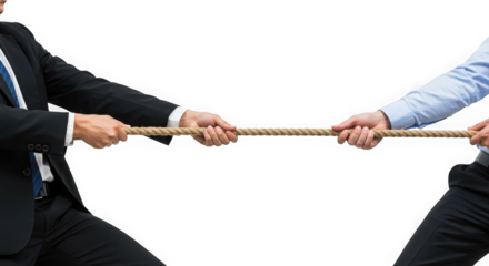 Two people pulling a rope in a tug of war against a transparent background studio shot