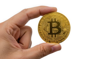 Hand holding a golden bitcoin against a transparent background in a close up view