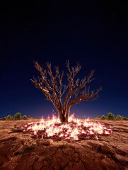 A barren tree ablaze at night