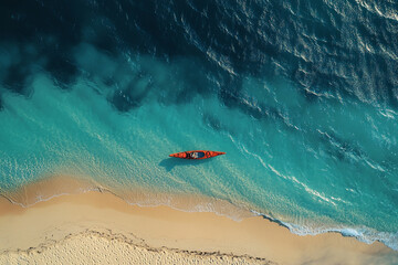 Fototapeta premium Aerial View of Kayak Near Shoreline with Deep Blue to Turquoise Sea Transition