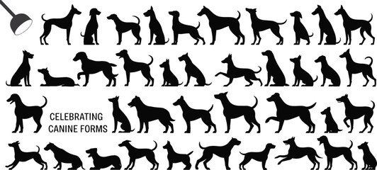 Dog silhouette collection, pet animal vector, standing sitting running dog poses, black canine shapes, domestic dog form illustrations, dog artwork set