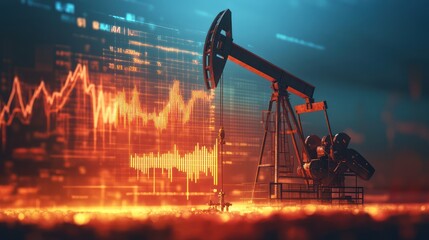 Oil rig, market fluctuation, price graph, energy crisis, night scene, digital backdrop, financial, industry