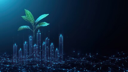 Plant growing over futuristic city network; sustainable growth concept