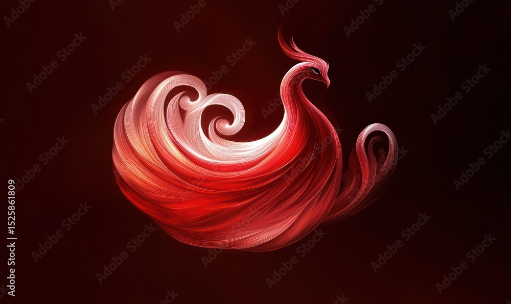 Poster elegant swirling red and white feathers form a stylized phoenix bird with dynamic curves on a dark b