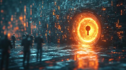 A glowing keyhole inside a digital vault with miniature security guards 