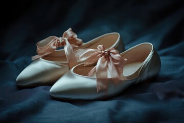 Elegant satin ballet flats with delicate pink ribbon bows placed on dark silky fabric conveying grace and softness