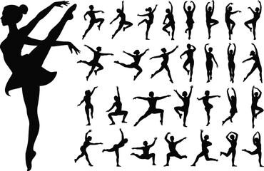 Ballet dancer silhouette, dance pose vector, elegant ballerina shapes, female movement illustration, black dance icon set, graceful dance figures © Legend Monir