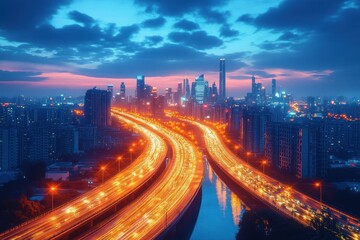 Glowing urban highway at dusk with bright yellow-orange light trails leading towards a modern city skyline under a dramatic cloudy sky