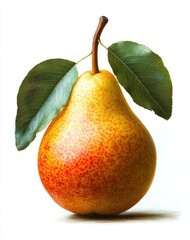 Close-up of a ripe yellow pear with red speckles and two green leaves attached to its curved brown stem on a white background