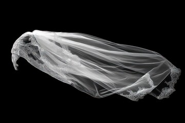 Delicately flowing white lace-trimmed veil captured against a black background conveying elegance and lightness
