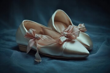 Pair of elegant satin ballet flats with delicate ribbon bows placed on soft fabric background evoking grace and femininity