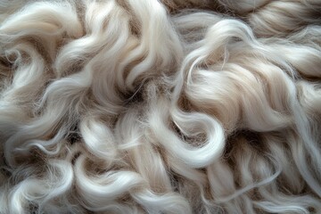 Close-up view of soft, curly, light beige fibers resembling wool or animal fur with a fluffy and cozy texture