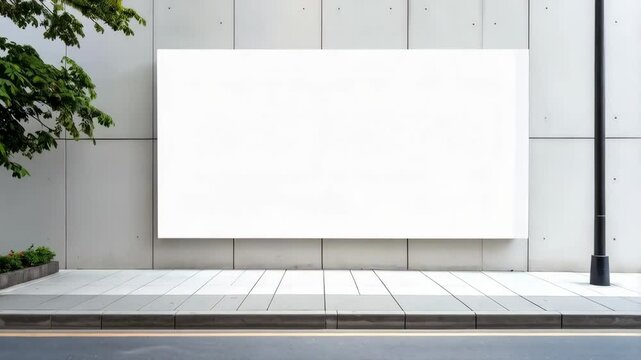 Blank white billboard frame on modern concrete wall beside sidewalk with green trees. Empty advertisement display for outdoor promotional messages.