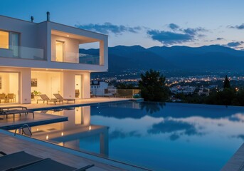 Obraz premium Modern villa with infinity pool overlooking city lights at dusk