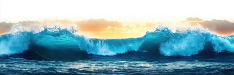 Large blue ocean waves crashing under a bright golden and orange sky during sunrise or sunset