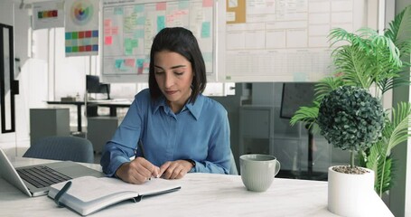 Focused busy project manager woman working at computer, analyzing online marketing reports, Internet sales statistics, writing in notebook, making notes, typing on laptop - Powered by Adobe