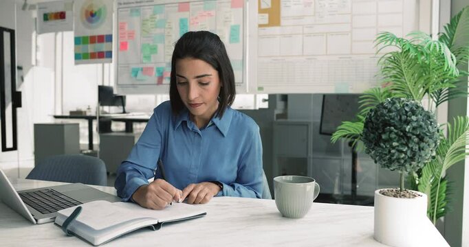 Focused busy project manager woman working at computer, analyzing online marketing reports, Internet sales statistics, writing in notebook, making notes, typing on laptop - Powered by Adobe