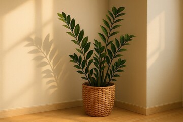 ZZ Plant in Wicker Pot in Sunlit Corner