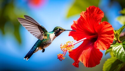 Hummingbird Feeding on Flower