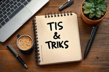 Notebook with handwritten text on wooden desk surrounded by laptop, coffee cup, pens, and a small potted succulent plant conveying a cozy workspace atmosphere