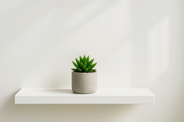 Small Succulent Plant in Concrete Pot on White Shelf