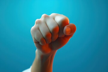 Close-up of a clenched human fist with dramatic lighting against a blue background, conveying strength and determination