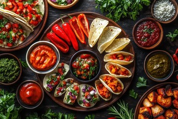 Overhead view of assorted soft tacos with fresh vegetable fillings, colorful sauces, whole chili peppers, and roasted potatoes arranged on rustic wooden surface