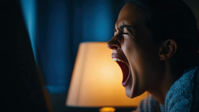 A woman sits indoors at night, yawning as she appears tired or sleepy, illuminated by the warm light of a lamp.